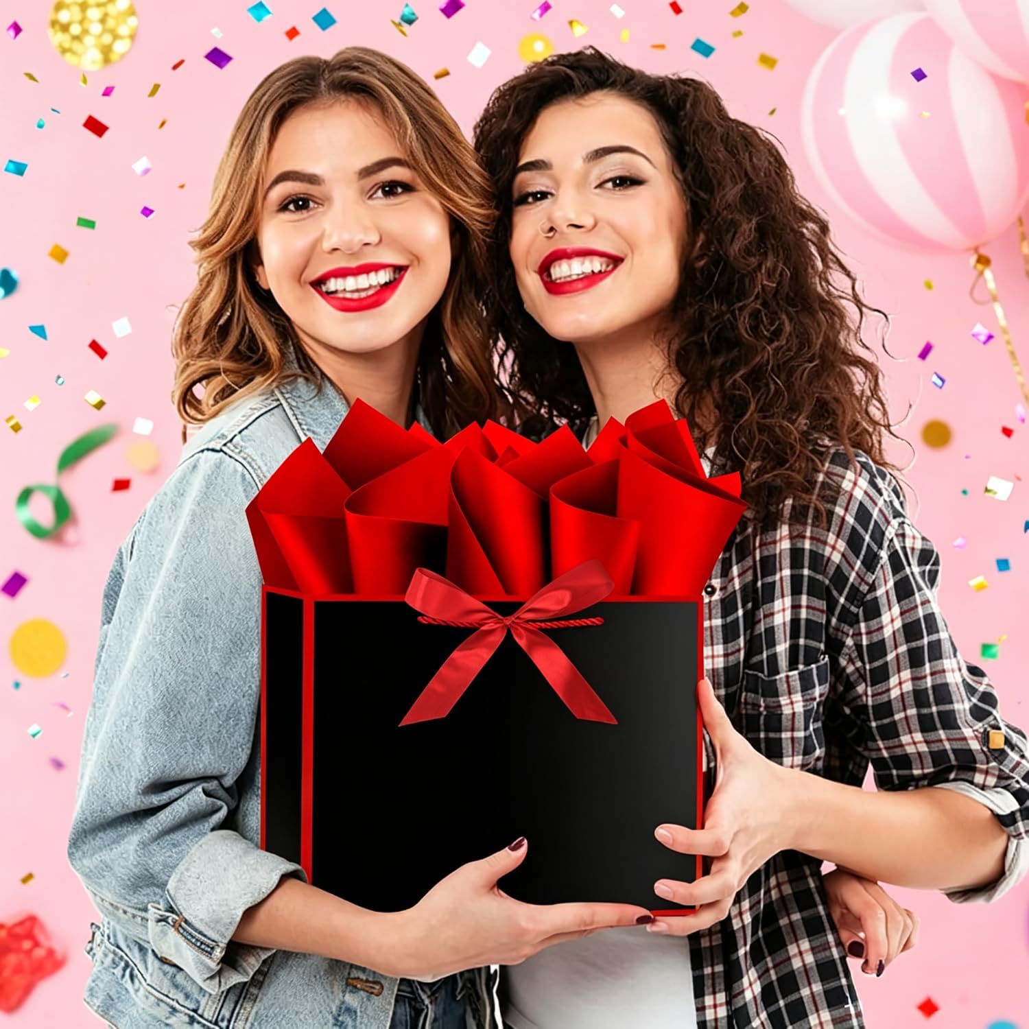 Lyforpyton 2 Pcs Red Frame Black Premium Gift Bags with Handles and Bow Ribbon, Equipped with 2 Greeting Cards, 4 Tissue Paper , Present Wrap Bag for Valentine's Day, Birthday, Baby Shower, Wedding, Party and Mothers Day(12.6'' and 7.5''） image 3