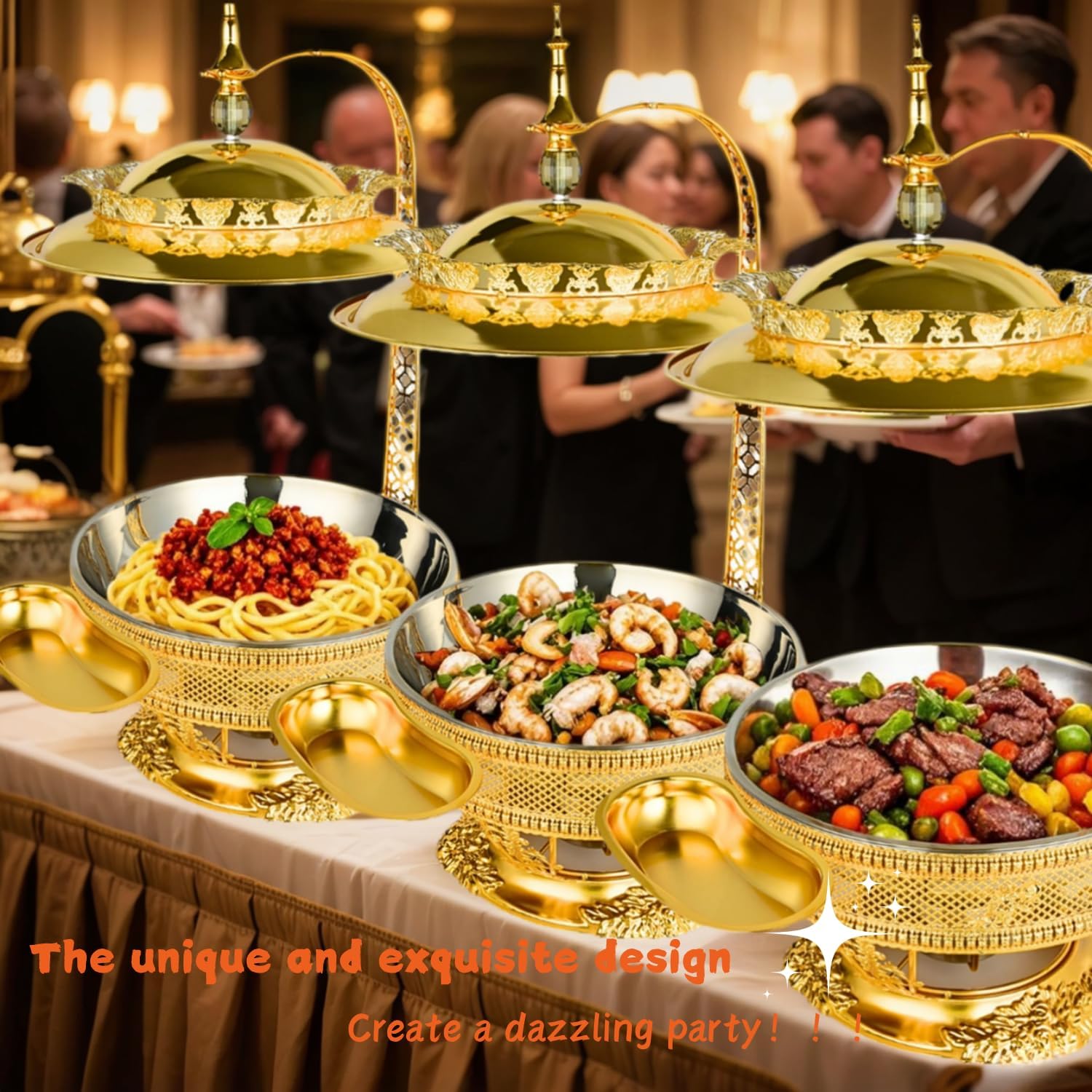 Gold Chafing Dishes for Buffet,8Qt Luxury Chafing Dishes with Hanging,Elegant Hollow-Out,Basket with Clips,Exquisite lid,Buffet Warmer for Weddings, Parties, Catering & Events