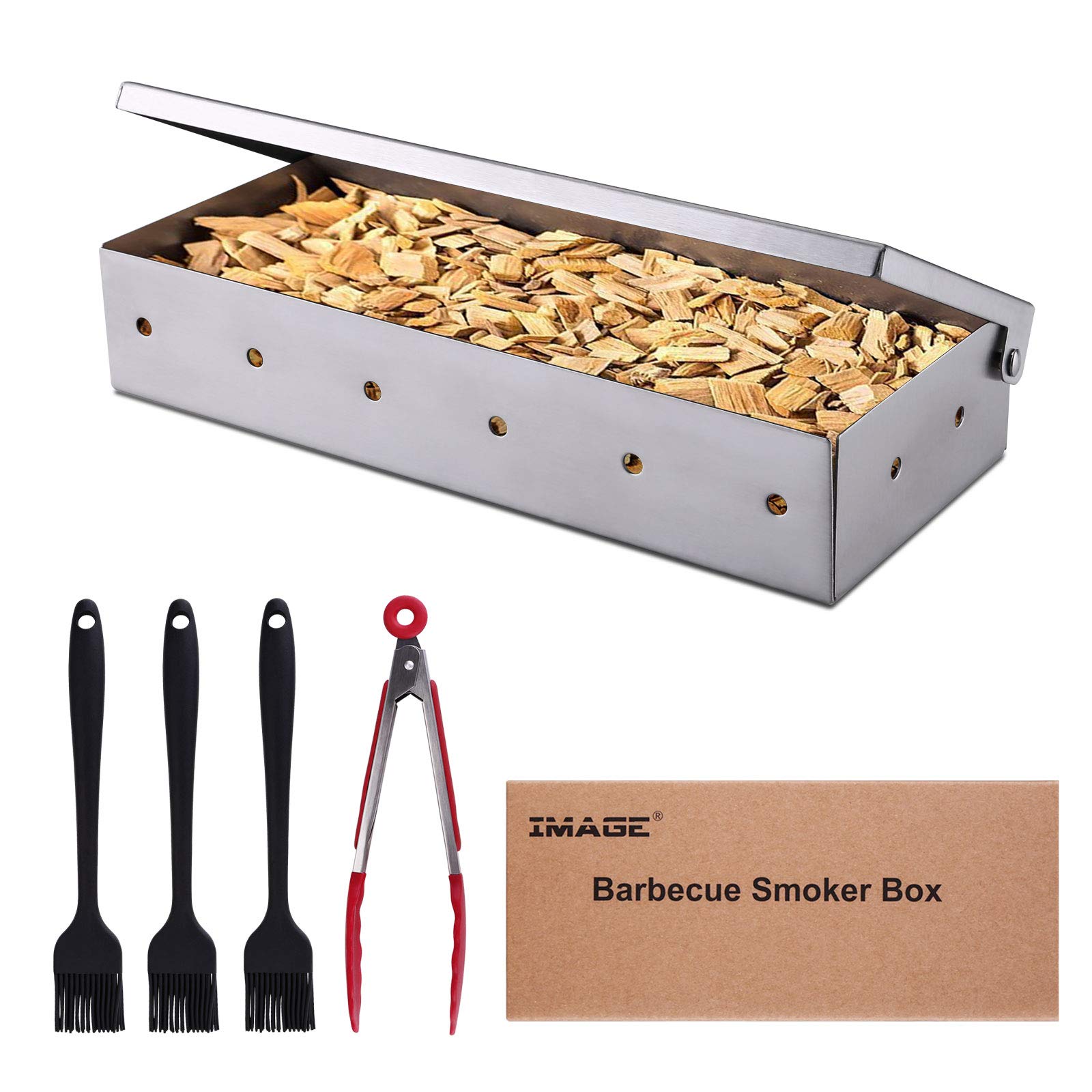 Smoker Box, IMAGE Heavy Duty Stainless Steel Smoker Box  Grill, BBQ Smoker Box for Wood Chips with Large Vent and Hinged Lid,Barbecue Meat Smoking for Charcoal and  Grills