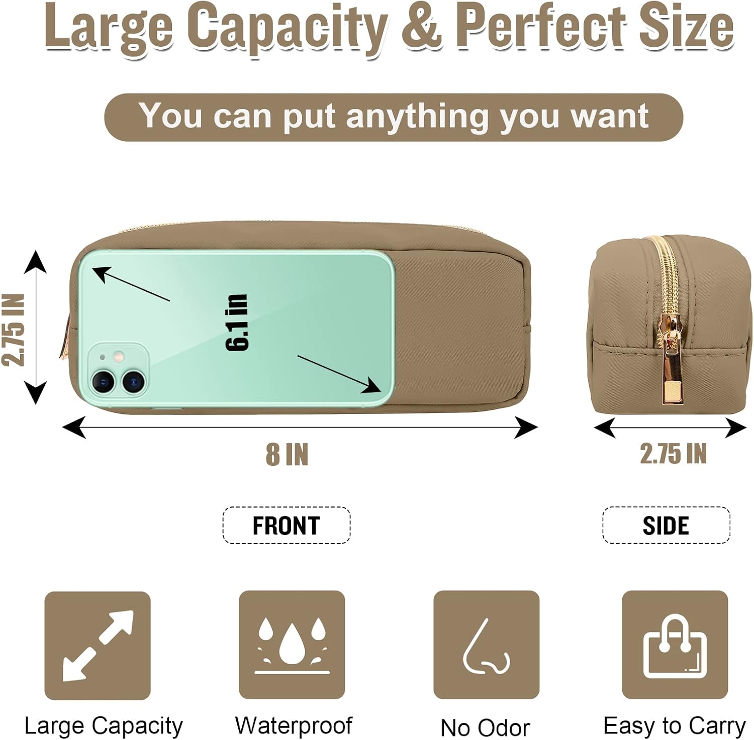 IZUZTA Nylon Slim Makeup Bag, Preppy Cute Makeup Brush Case Bag, Waterproof Travel Toiletry Bag Clutch Coin Pouch Make Up Organizer for Women Girls (Khaki) image 2