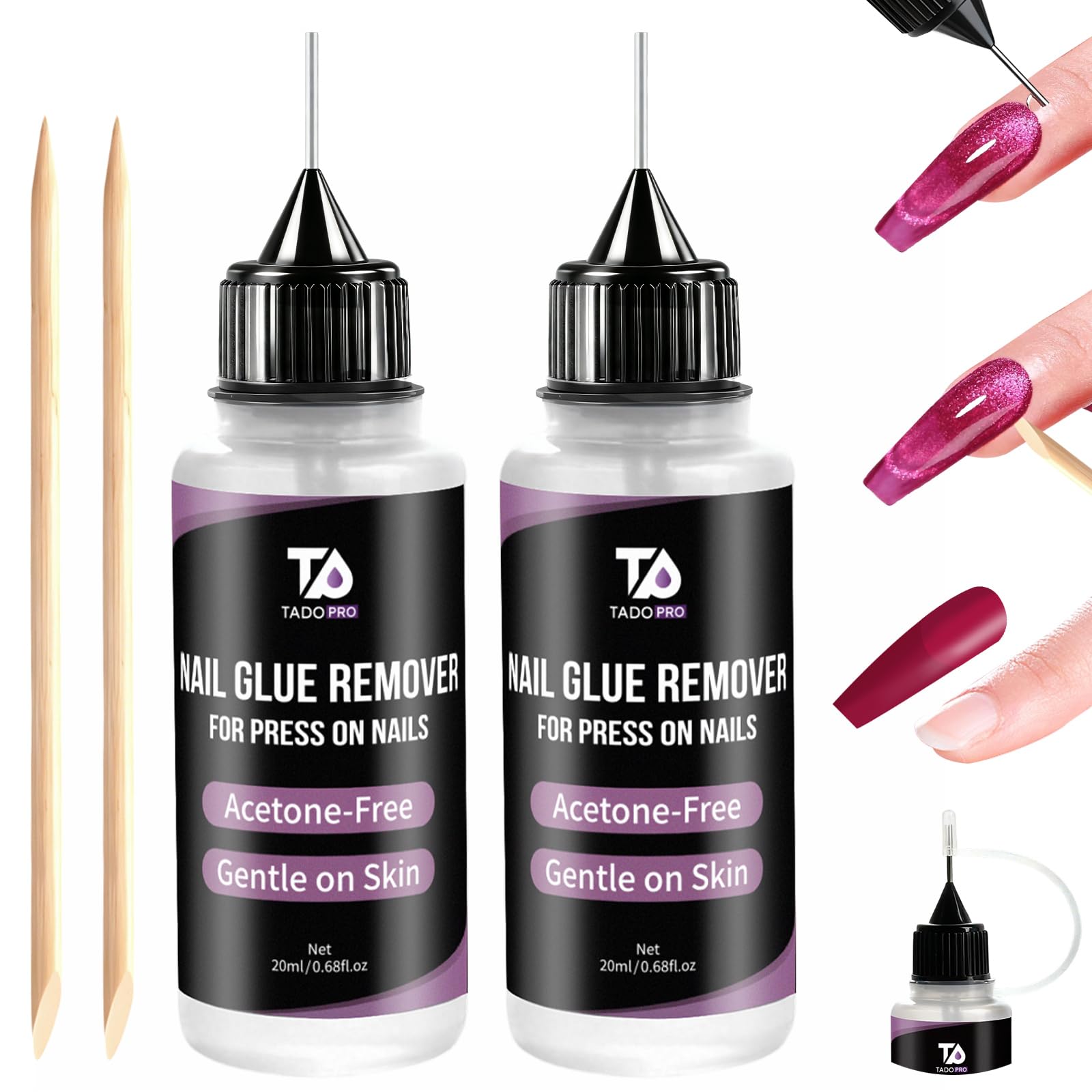 TADOPRO 2PCS Nail Glue Remover for Press on Nails, Non-Acetone Pinpoint Remover for Nails Tips Fake Nail Polish Remover Glueoff with 2 Orangewood Sticks Gentle Glue Remover for Home Salon (2 * 20ML)
