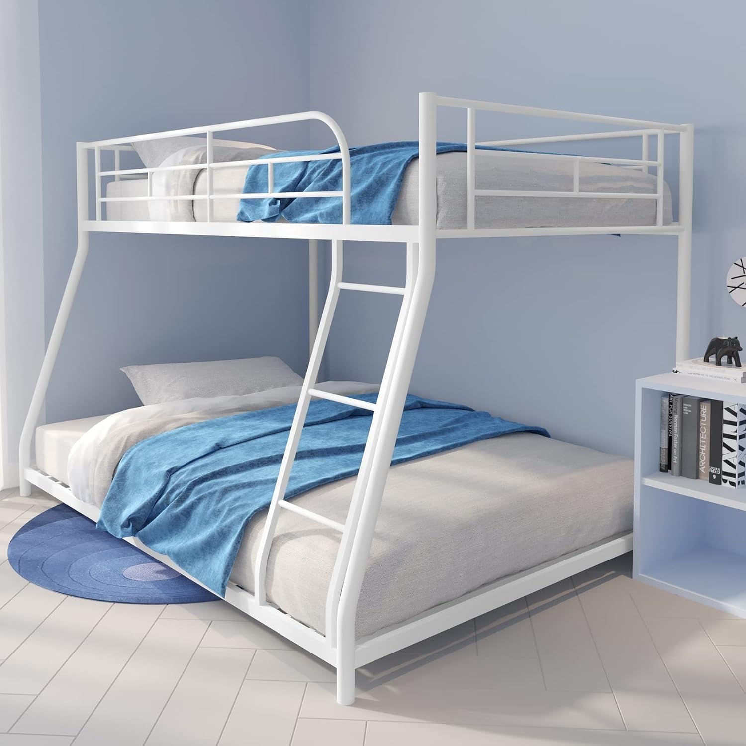 Metal Bunk Bed for Junior, Twin Over Full Size Beds with Sturdy Guard Rail & Removable Ladder, Space-Saving/Noise Free/Matte White (Design 3)-image-10