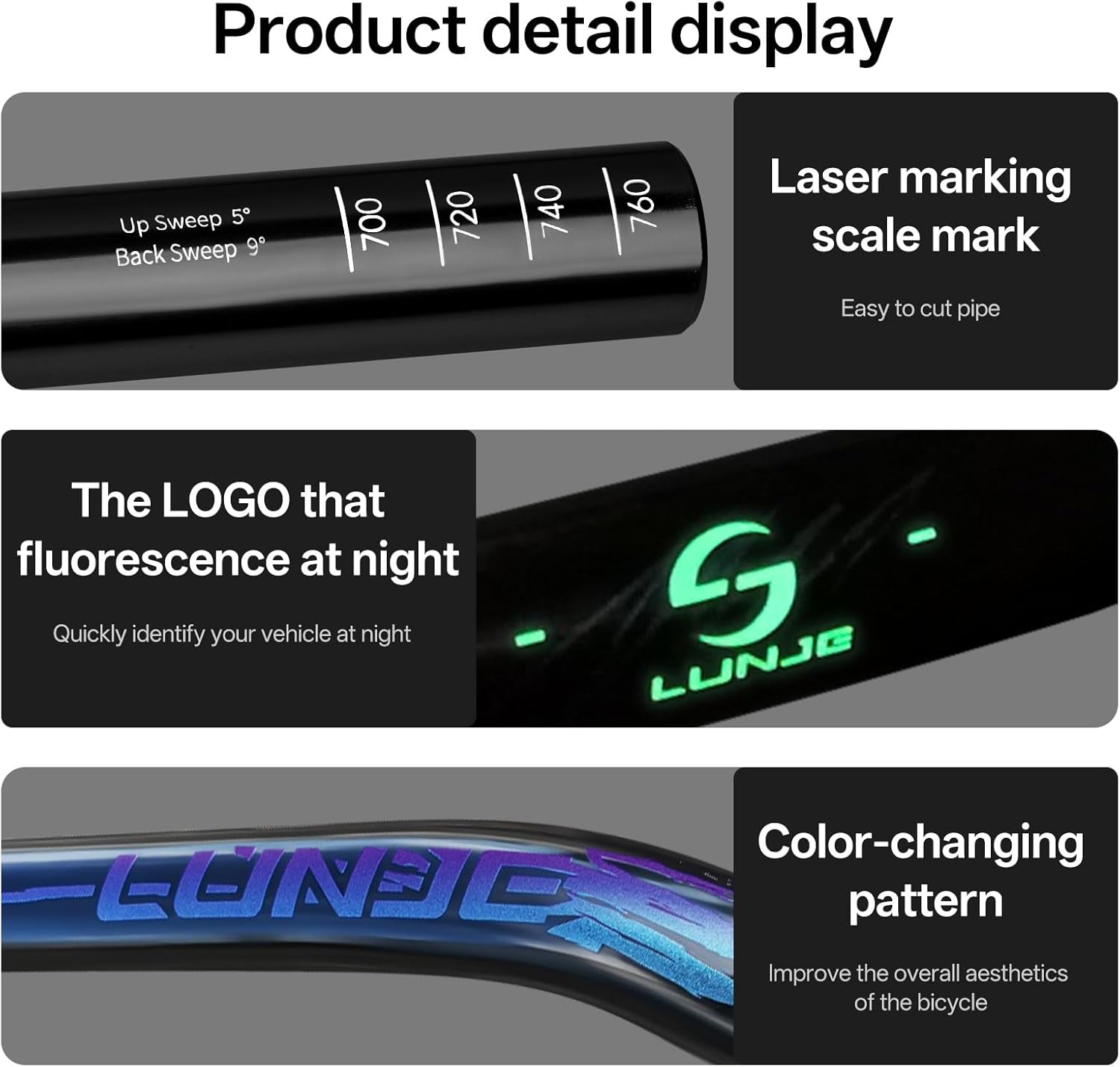 Gloss Finish Mountain Bike Handlebar 31.8mm - 35mm/55mm Hi Rise Bicycle Handlebars - Glow-in-the-Dark Logo Cutable 780mm Aviation Aluminum Bicycle Handlebars for MTB, Chameleon Silver -35mm Rise