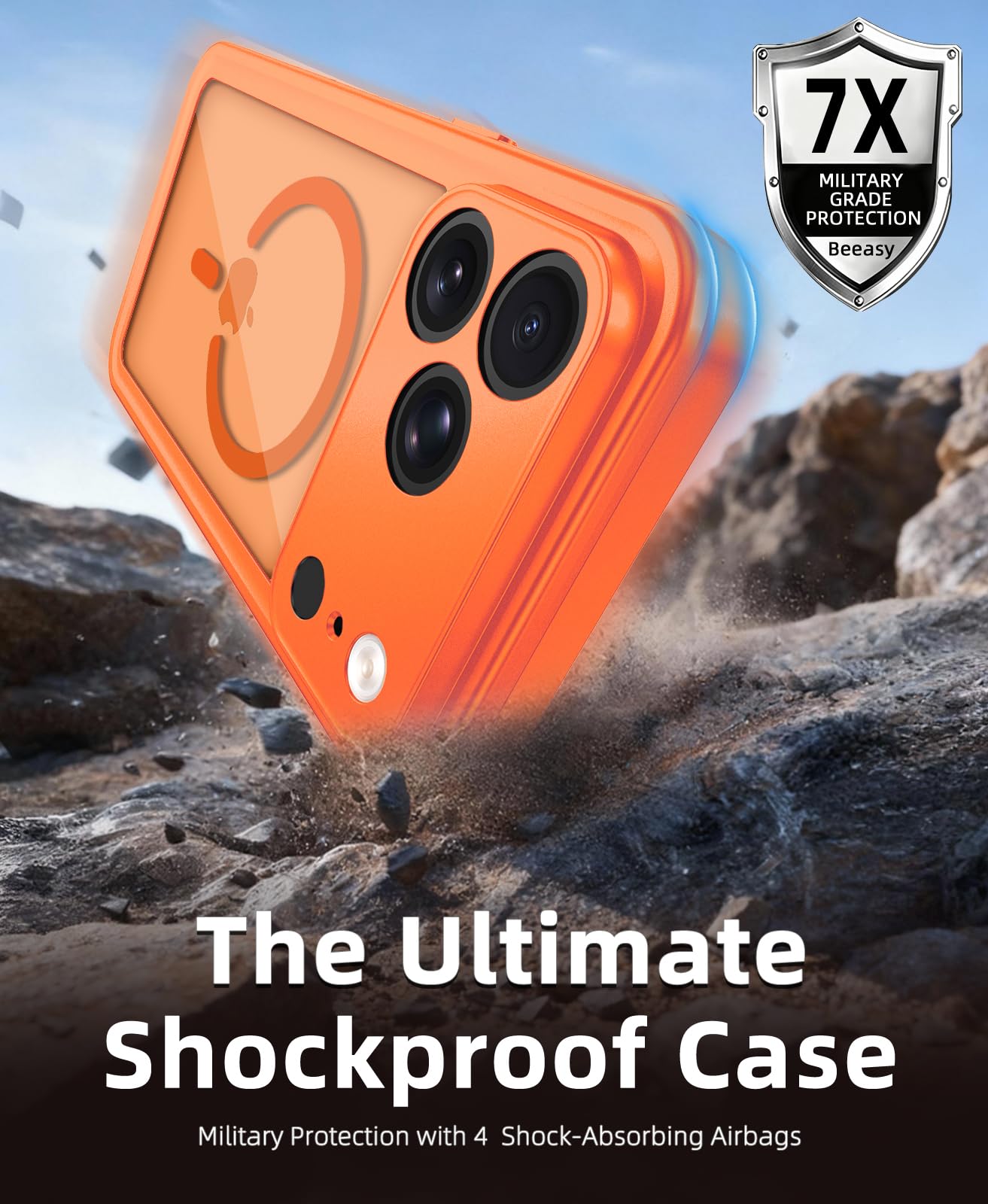Beeasy Cover per iPhone 17 Pro Impermeabile IP68 con MagSafe, 360 Militare Antiurto Indistruttibile Resistente Doppia Protezione Custodia, Antipolvere Subacquea Waterproof Case, 6.3", Arancione
