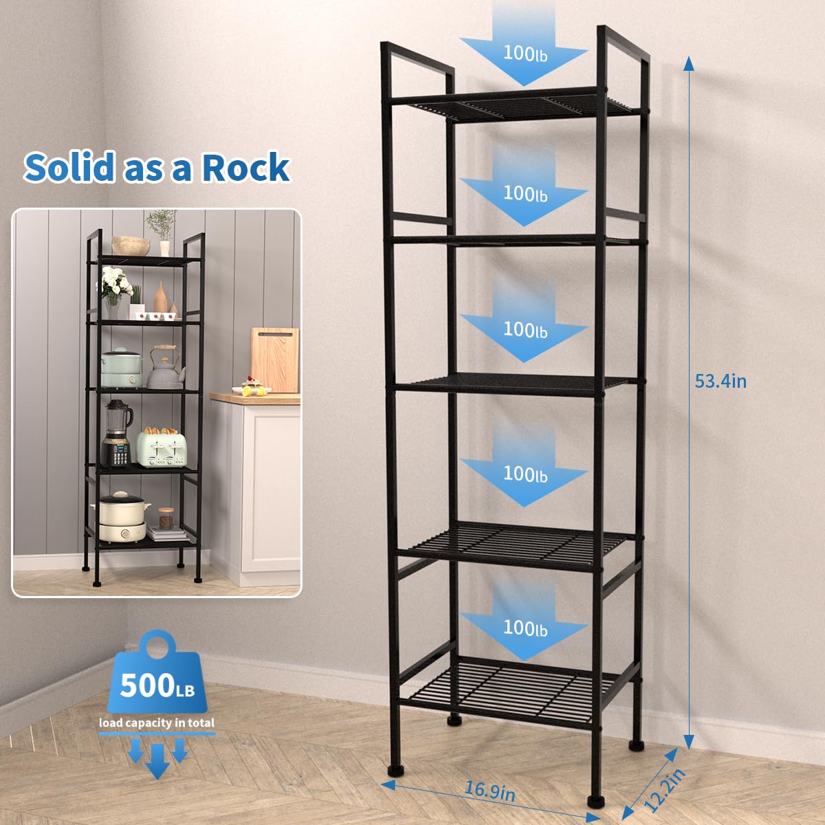 SUNLPH Scaffale a 5 ripiani in filo metallico, regolabile, per lavanderia, bagno, cucina, dispensa, armadio (nero, 42,9 x 31 x 135,6 cm (lunghezza x larghezza x altezza)