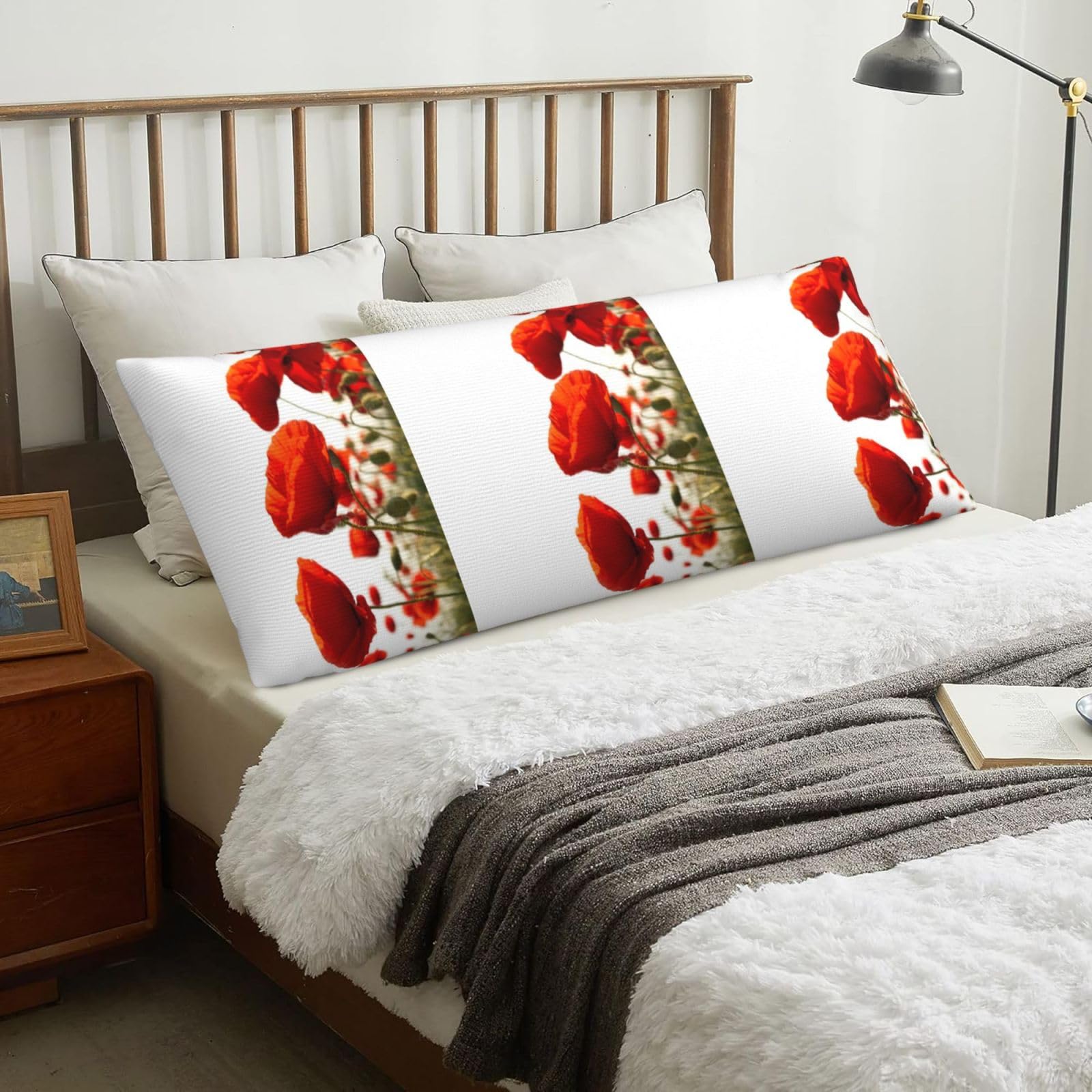 Red Poppies, Body Pillow Cover with Zipper,Long Body Pillowcase 20 x 60 in