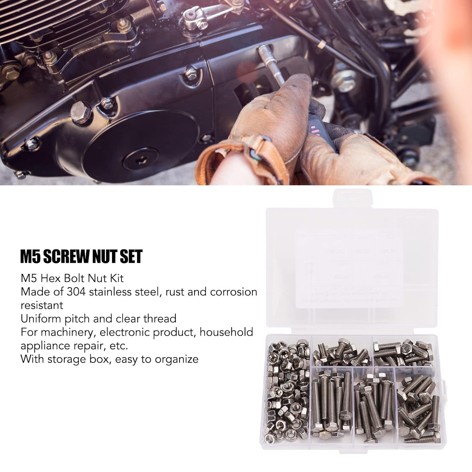 M5 Screw Fastener Set | 304 Stainless Steel Hex Bolts & Nuts Assortment Kit | Non - oxidizing for Machinery/Electronics/Appliances | 75 - Piece with Storage Box