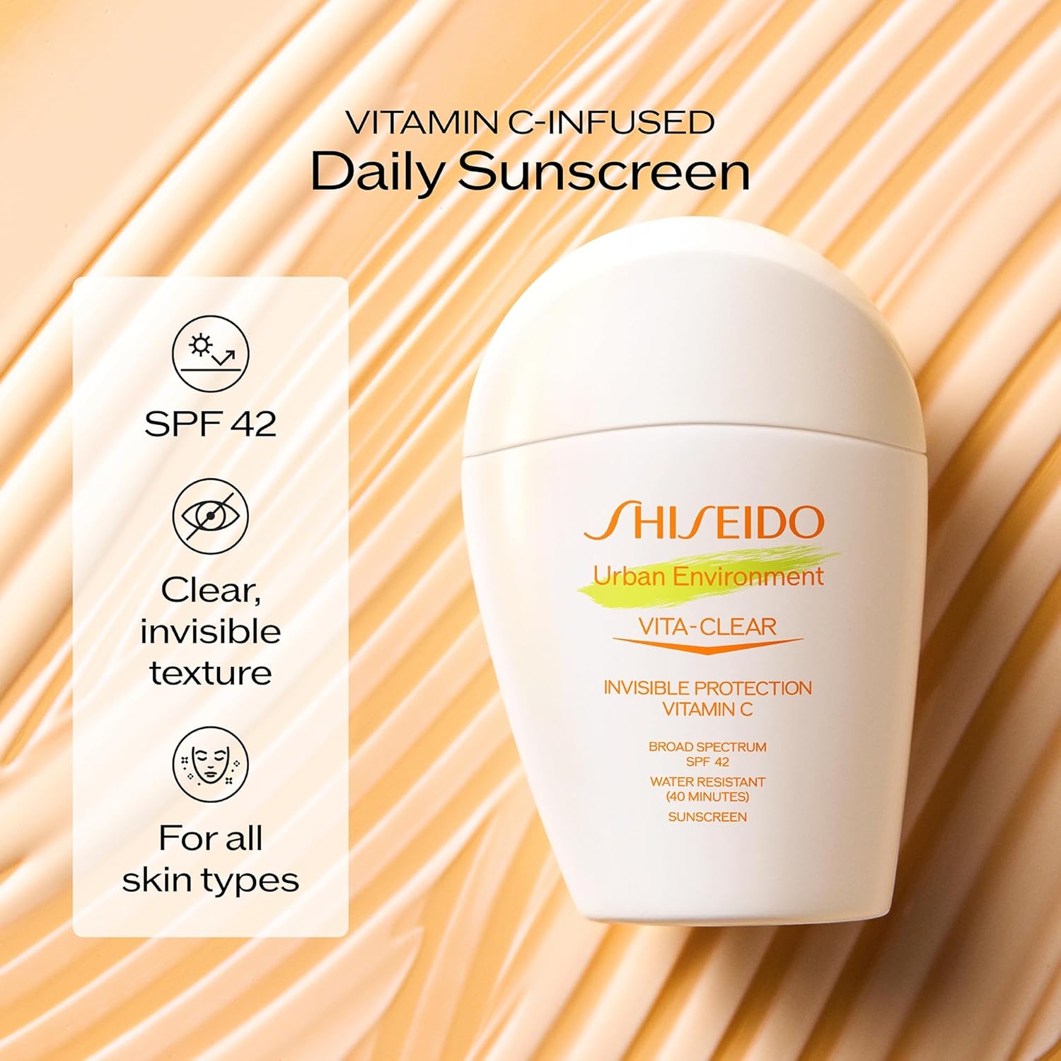 Shiseido Urban Environment Vita-Clear Sunscreen SPF 42 - Invisible Formula with Vitamin C - No-Shine, Makeup Effect for 8 Hours - Non-Comedogenic - 30 mL