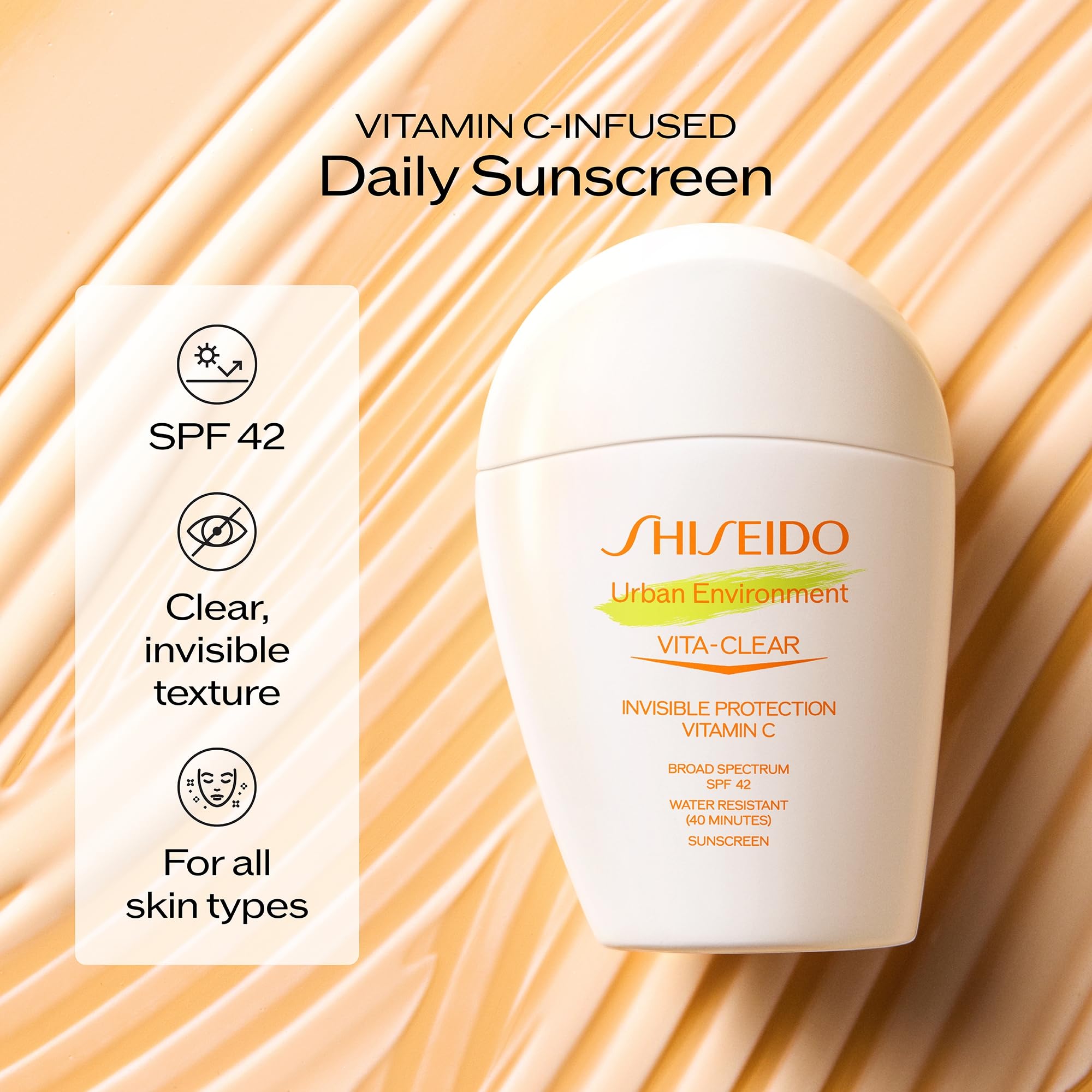 Shiseido Urban Environment Vita-Clear Sunscreen SPF 42 - Invisible Formula with Vitamin C - No-Shine, Makeup Effect for 8 Hours - Non-Comedogenic - 30 mL