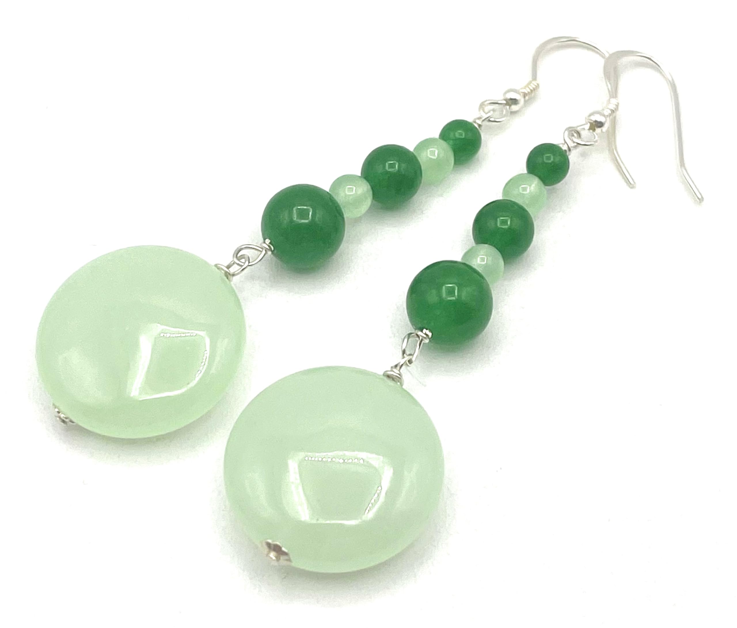 Orecchini Lunghi in Giada Verde Chiaro e Smeraldo, Argento 925 Italiano, Gioielli Pietre Dure, Bijoux Estate, Regalo per Lei