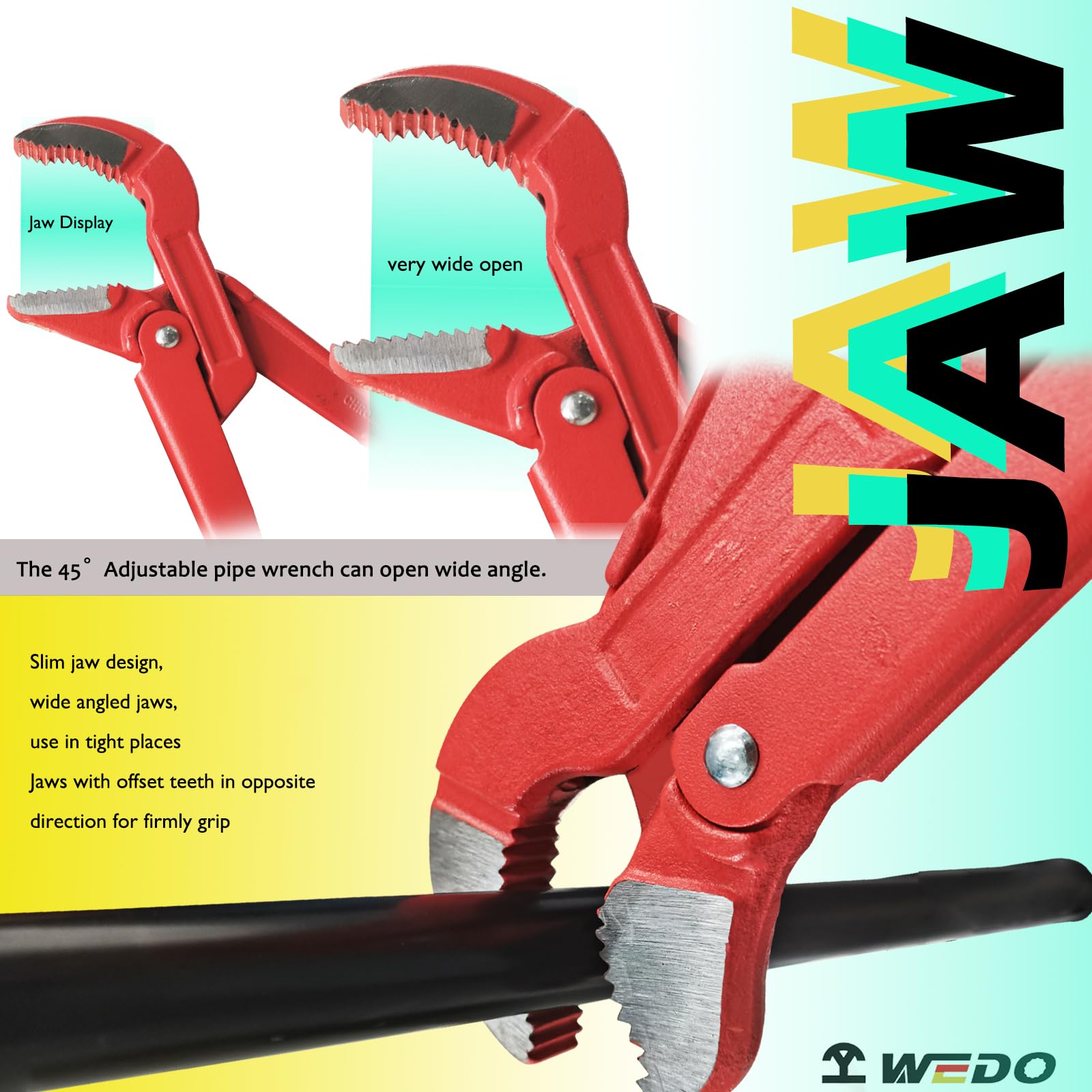 WEDO Llave de tubo sueca en ángulo de 45grados,llave de bomba de agua,diámetro de sujeción de tubería de 4 pulgadas,longitud de 652mm,apertura máxima de mandíbula de 103mm,acero CR-V