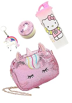 Le Delite / Cartoon Kitty Sling Bag / Stylish Hand Bag for Kids/ Sequin Clutch Wallet Purse for Girls + Unicorn Coin Pouch tin case + Cartoon Sipper Glass Shaker Tumbler Bottle