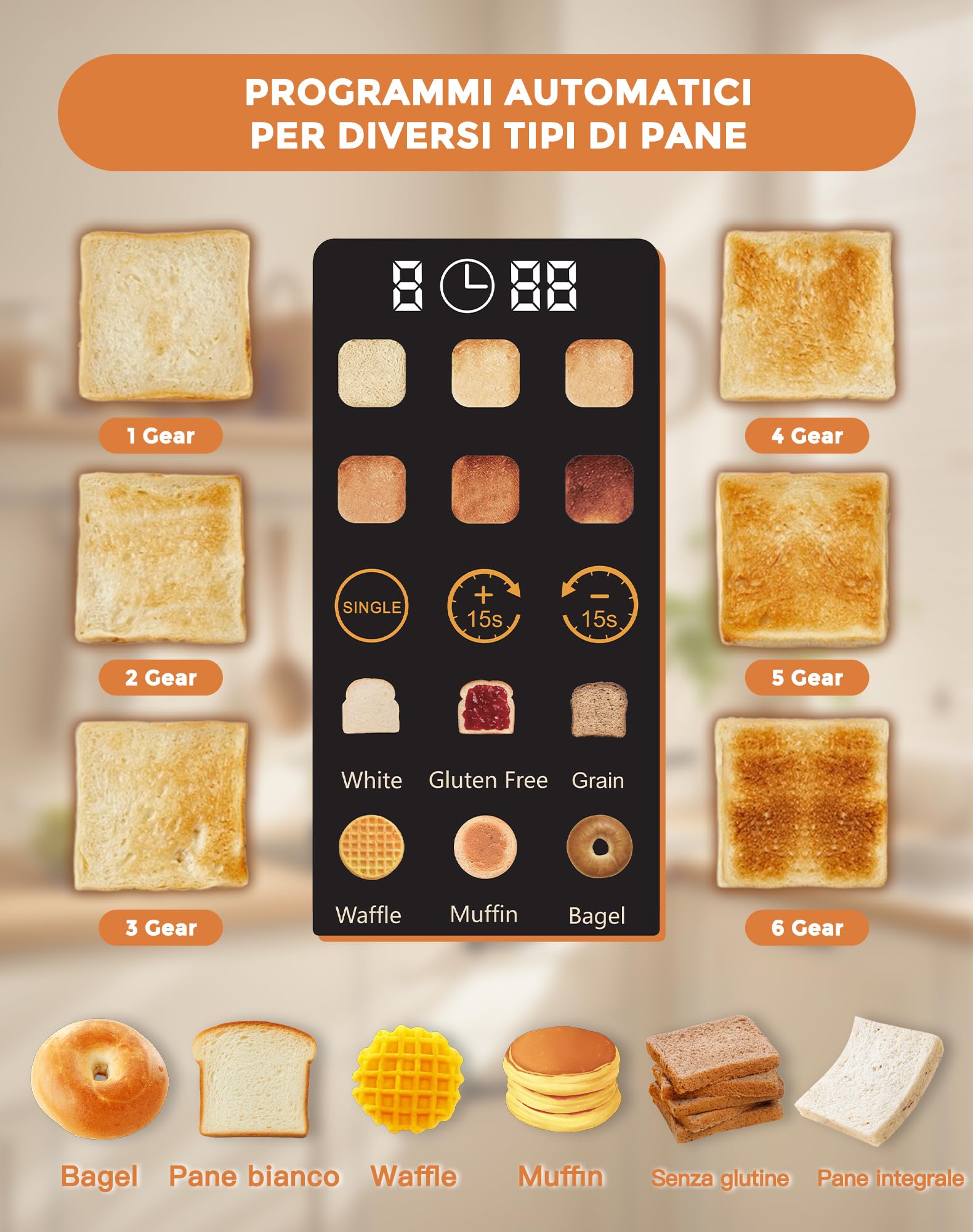 Tostapane 2 Fette, Tostapane per Toast Farciti 880W, LED Touchscreen, 6 Livelli di Tostatura, 6 Programmi per il Pane, Funzioni Riscaldamento/Scongelamento/Stop, Acciaio Inox ﻿ (Argento-01)