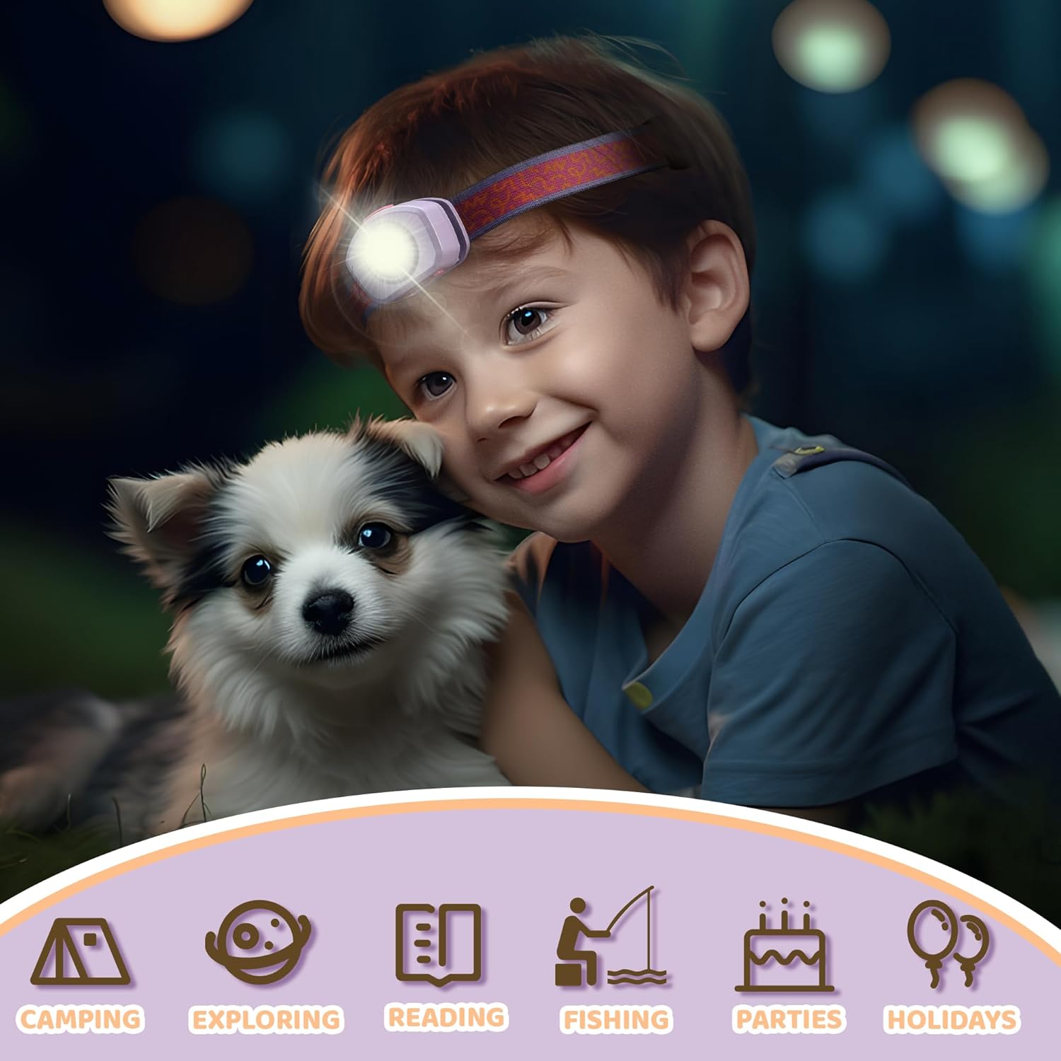 A boy wearing an EverBrite headlamp, with icons below depicting various activities like camping, exploring, reading, fishing, parties, and holidays.
