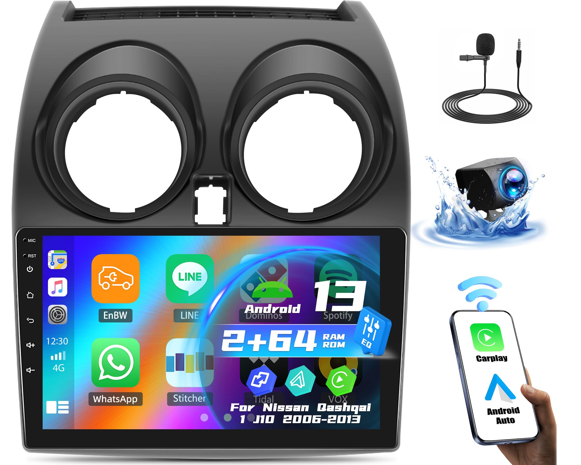 OiLiehu 2+64G Android 13 Car Stereo for Nissan Qashqai 1 J10 2006-2013 with Wireless CarPlay Android Auto, 9" IPS Touchscreen Car Radio with WiFi GPS Mirror Link Bluetooth EQ FM RDS SWC Backup Camera