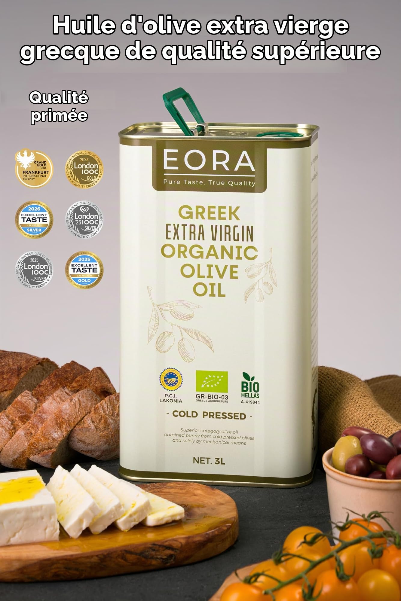 EORA Huile d’Olive Extra Vierge Grecque Bio Premium 3L (Nouvelle Récolte 25/26) – Haute teneur en polyphénols, extraite à froid, très faible acidité ~0,3% – origine unique IGP Lakonie, Grèce