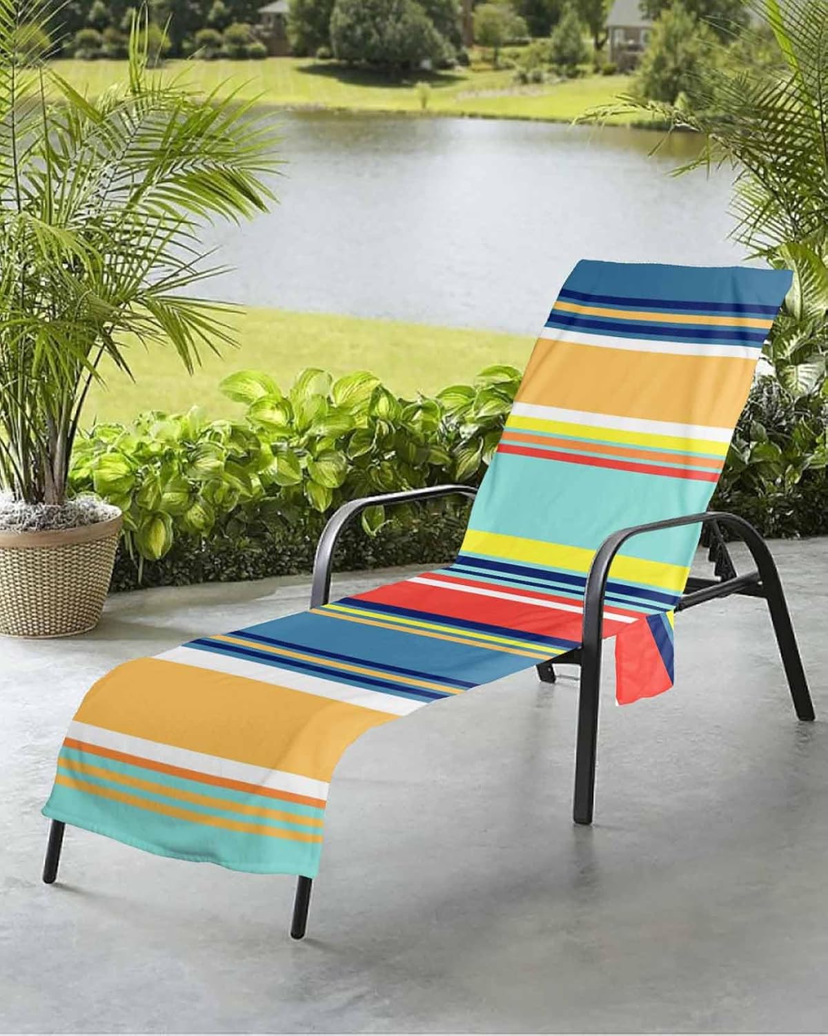 Rainbow Striped Beach Pool Patio Lounge Chaise Chair Cover Towel With Pockets,Absorbent & Quick Dry Microfiber Towel Cover Bag Summer Accessories for Sunbathing Colorful Abstract Bohemian Geometric