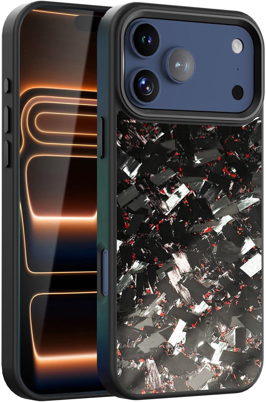 Flux Series Genuine Forged Carbon Fiber Case for iPhone 17 Pro Max, Built-in Magnets, Compatible with MagSafe, Military Grade Drop Protection, Shockproof Phone Cover - Glossy Red