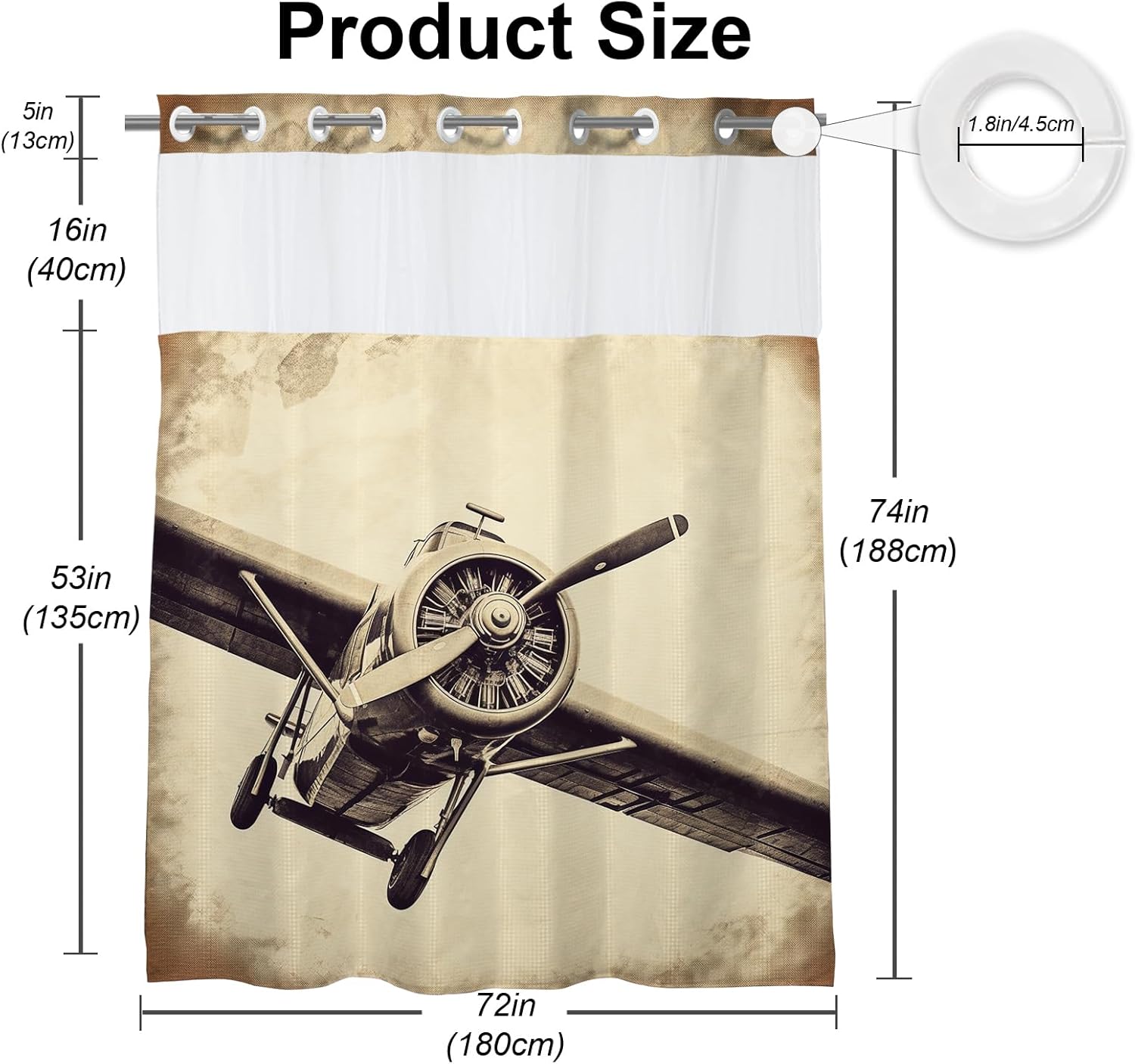 Vintage Rustic Aircraft Cool Theme No Hook Waffle Weave Shower Curtain with Snap in Liner Unique Aesthetic Boys Kids Bathroom Decor Set 72 W x 74 H Inch Brown