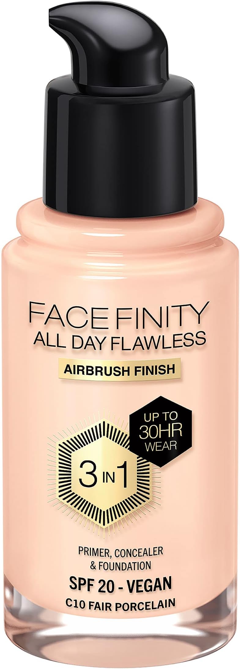 Max Factor Facefinity All Day Flawless Foundation - 3-in-1 Concealer, Liquid foundation & Face Primer, Vegan Formula, Buildable Coverage, Up To 30hr Wear, SPF20 - C10 Fair Porcelain, 30ml