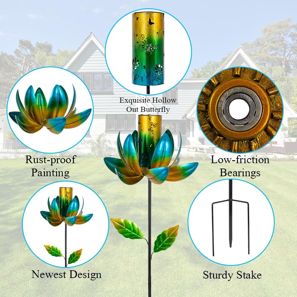 Stargarden Outdoor Solar Wind Spinners, Solar Wind Sculptures & Spinners, Flower Windmill with Solar Lantern for Yard and Garden (Green)