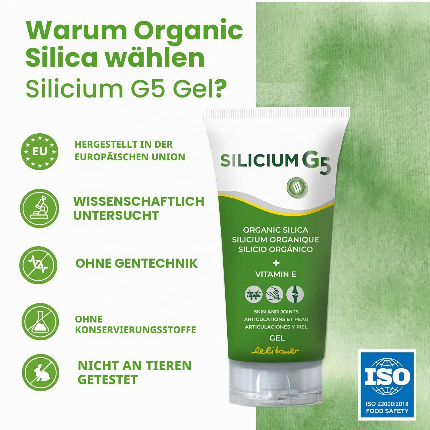 Silicium G5 Gel. Silizium Gel mit Vitamin E regt die Zellen an, Kollagen zu produzieren. Body-Gel für Schmerzen in Gelenken, Muskeln und Knochen, regeneriert und strafft die Haut. 150 ml.
