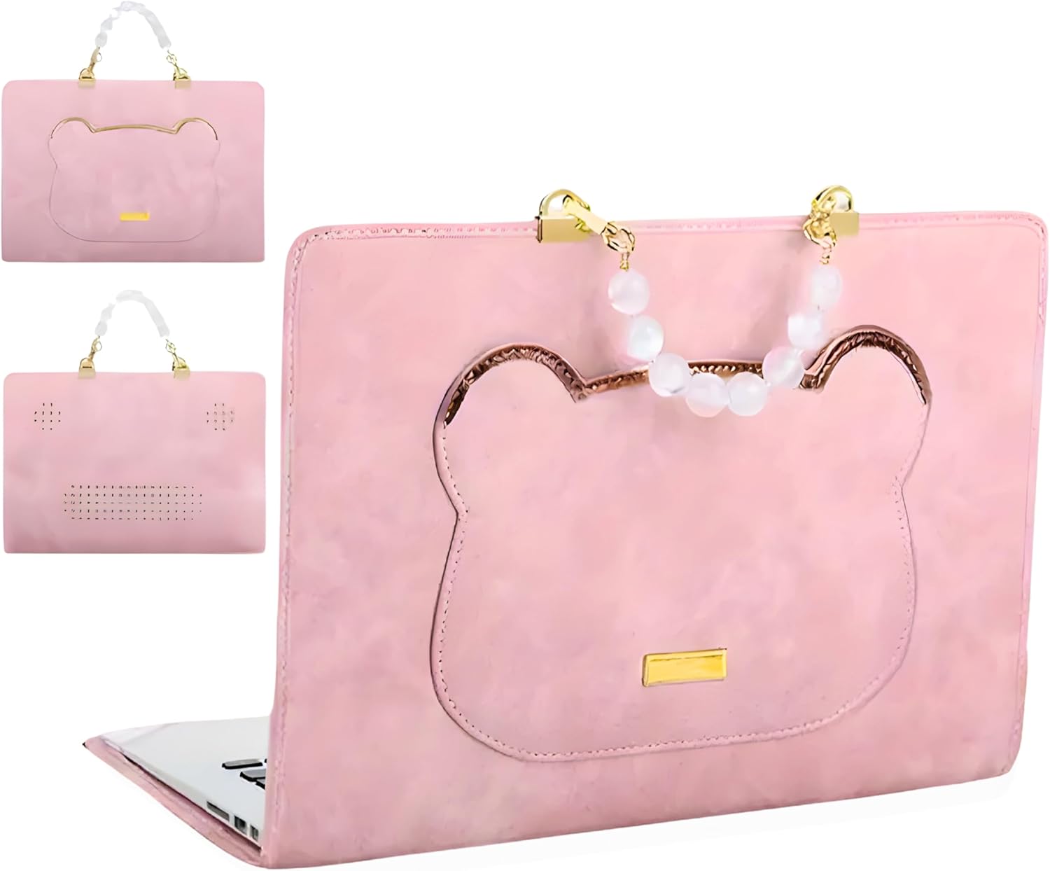 Pink Microsuede 14 inch Laptop Case Sleeve, Side Pocket and Faux Pearl Handle | Fits MacBook Air/Pro 13, Pro 14, HP, Dell | Fashion Laptop Accessories – Fits most up to 14"