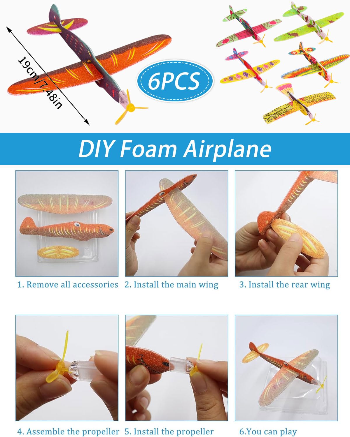 6 Pezzi Aereo Polistirolo Bambini, Aereo Giocattolo Giochi Bambino 3-8 Anni Regalo, Aliante Aeroplano Schiuma Regalo Natale, Giocattolo Grande Giochi Giardino Esterno