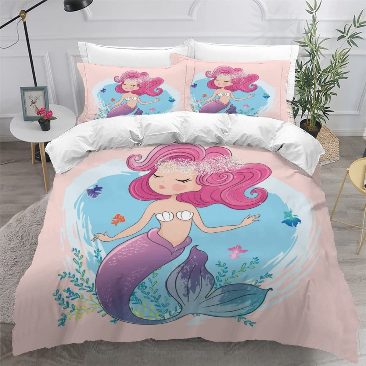 Parure de lit sirène 140x200 rose enfant avec housse de couette microfibre et 2 taies d'oreiller