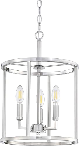 Farol colgante de 3 luces, lámpara cuadrada con acabado de níquel cepillado, lámpara geométrica de cadena ajustable, jaula de metal, iluminación