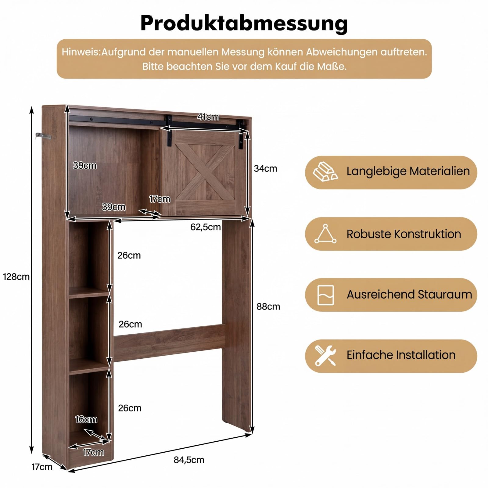 COSTWAY Toilettenschrank mit Schiebetür, Toilettenregal Holz, Badezimmerregal Badezimmerorganisator freistehend, Überbauschrank Waschmaschinenregal braun (braun)