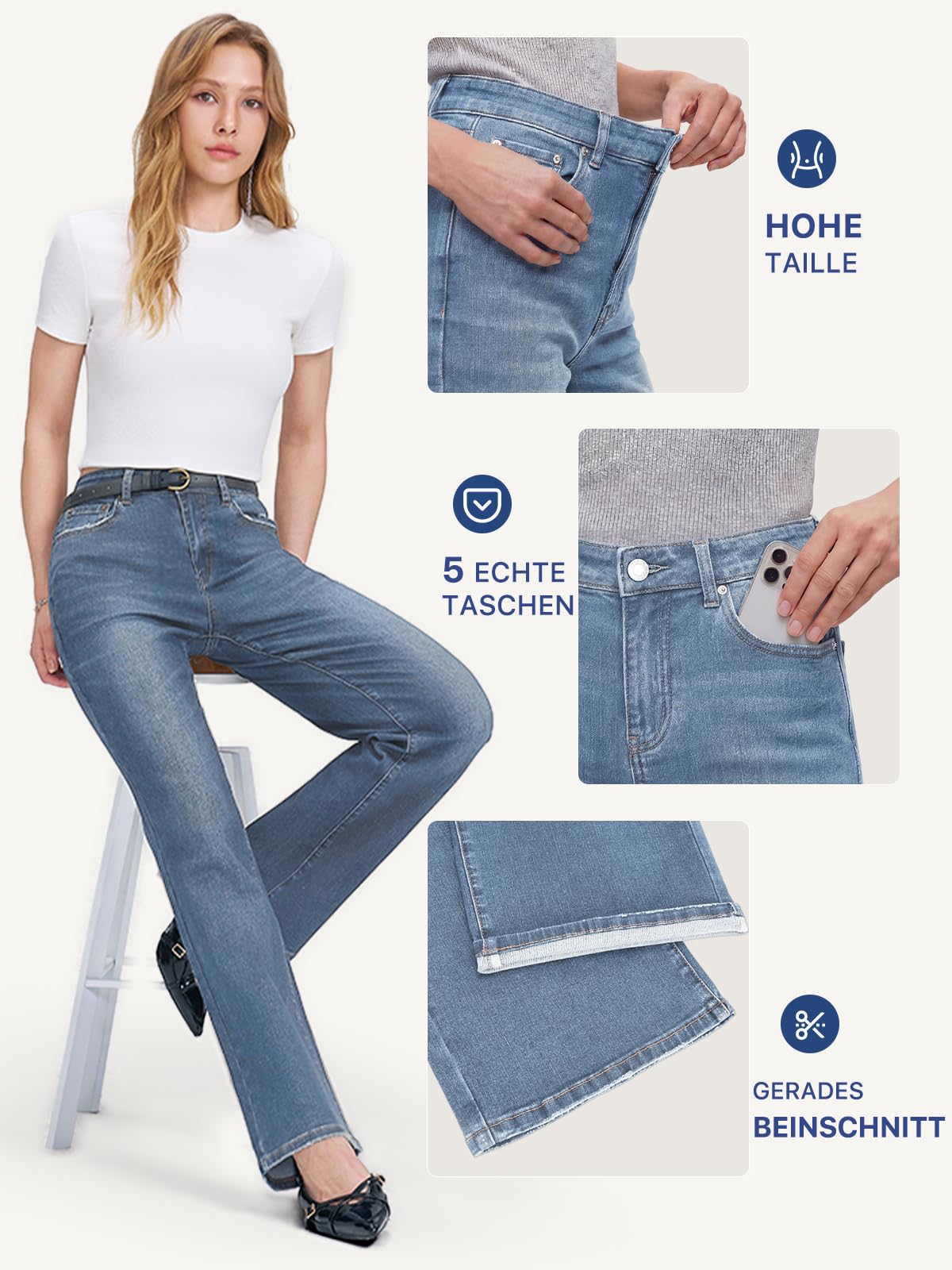 Jeans Damen,High Waist Stretch Straight Cut Jeans,Wide Leg Boyfriend Female Jeanshose,Gerade Geschnitten Denim Hose