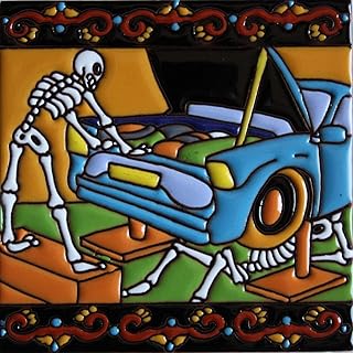 6x6 Mechanic. Day-of-The-Dead Clay Tile