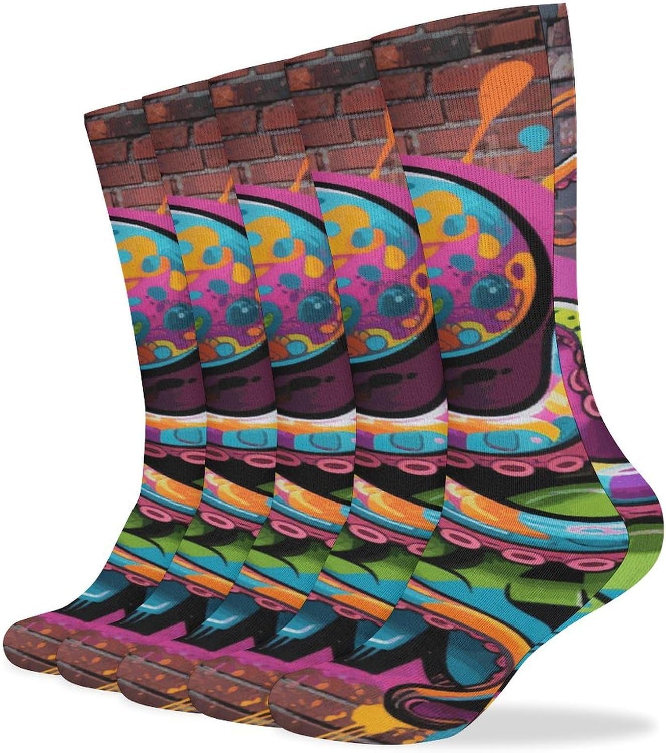 5-Pack Knee High Socks, 15.7 Inch Breathable Casual Socks Graffiti Octopus Stockings for Men Women