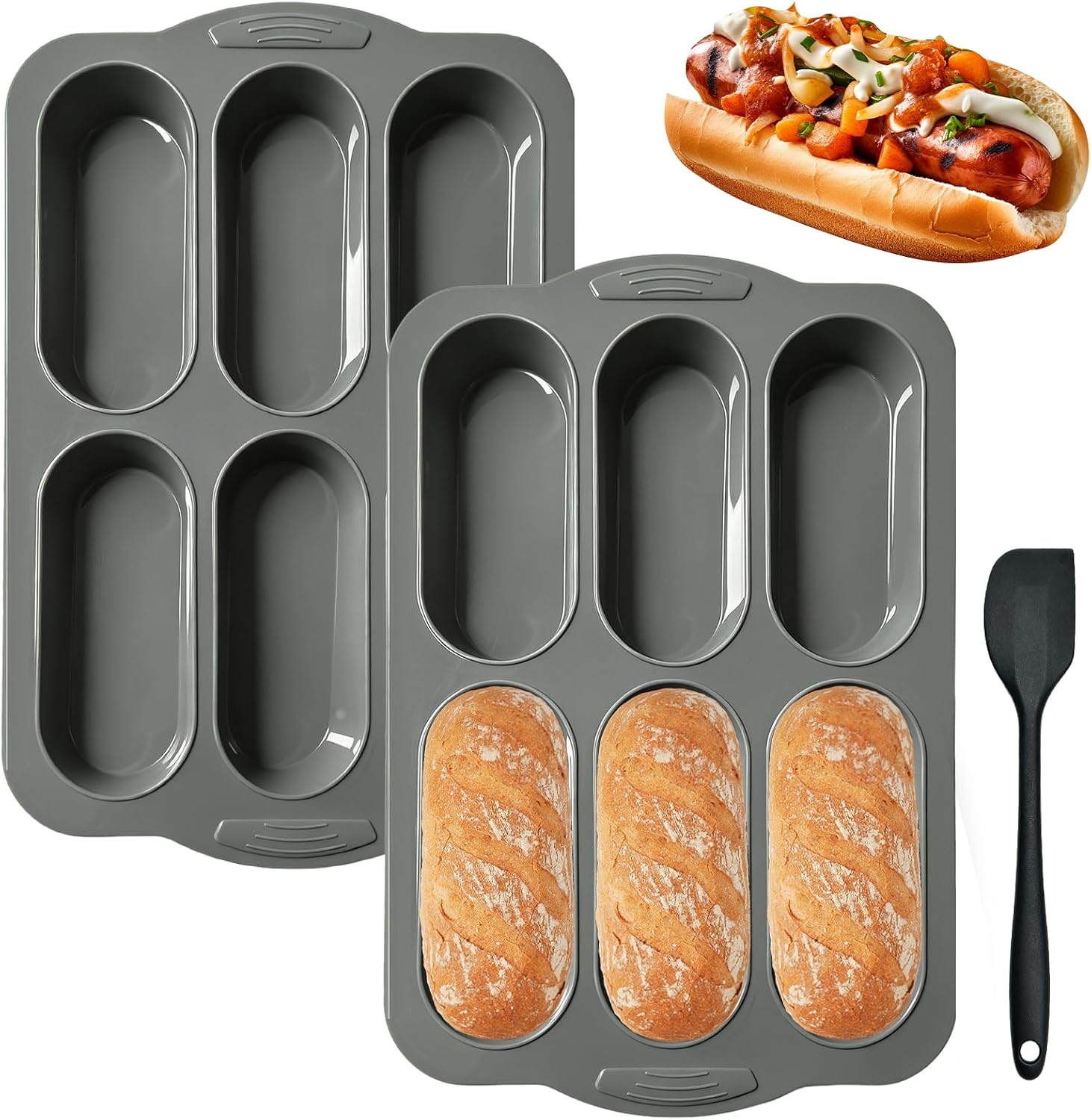 2 Pack Silicone Hot Dog Bun Pans,6 Cavity Bread Loaf Pan
