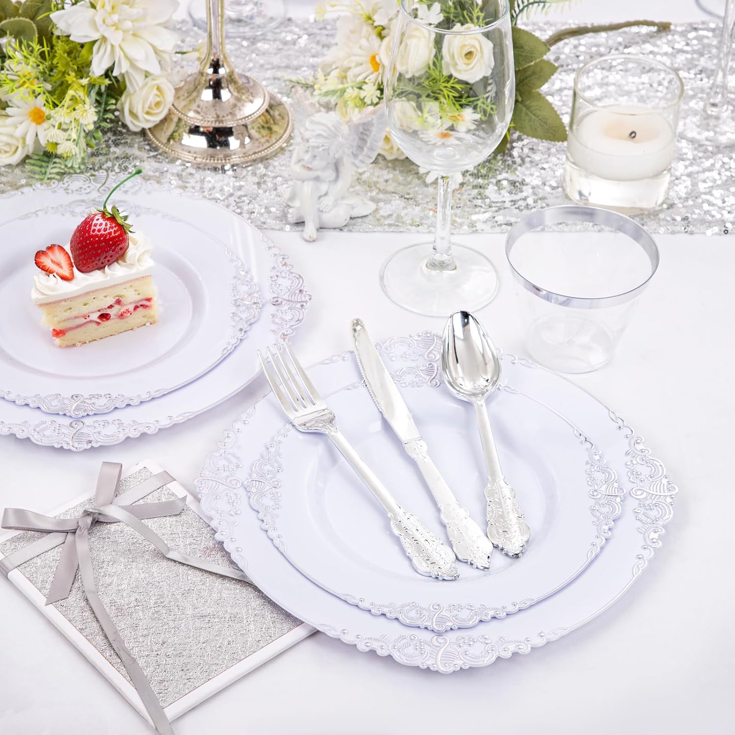 Liacere 350PCS Silver Plastic Plates&Pre Rolled Napkins for 50 Guests - Plastic Dinnerware Sets 100Silver Disposable Plates, 150Silver Silverware, 50Cups and 50Napkins for Wedding&Party