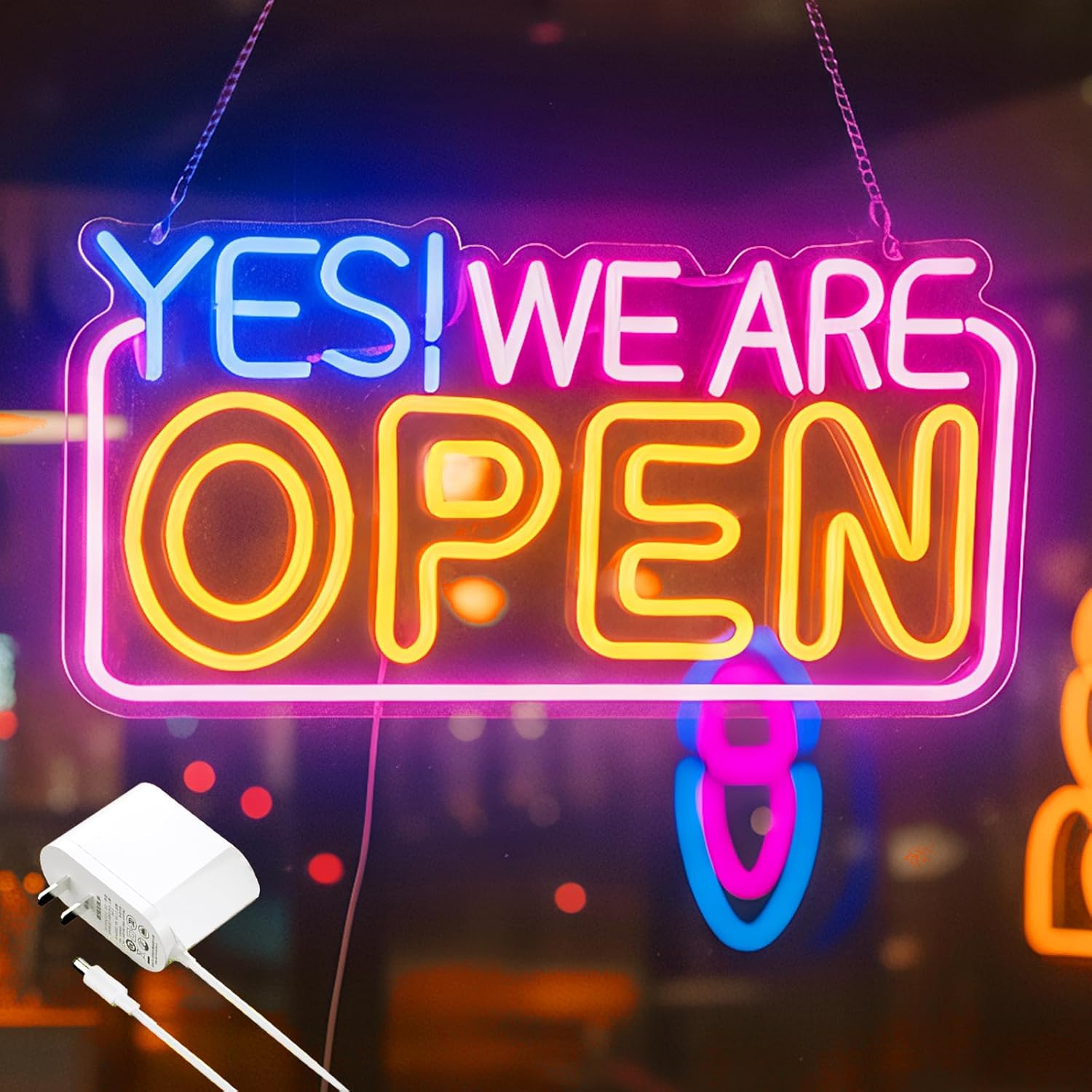 Open Sign for Business, LED Dimmable Neon Light with Adapter, 16.5" x 9.5", Pink yellow blue, Ideal for Window, Wall, Party, Bar, Coffee Shop, Nail Salons, and Store