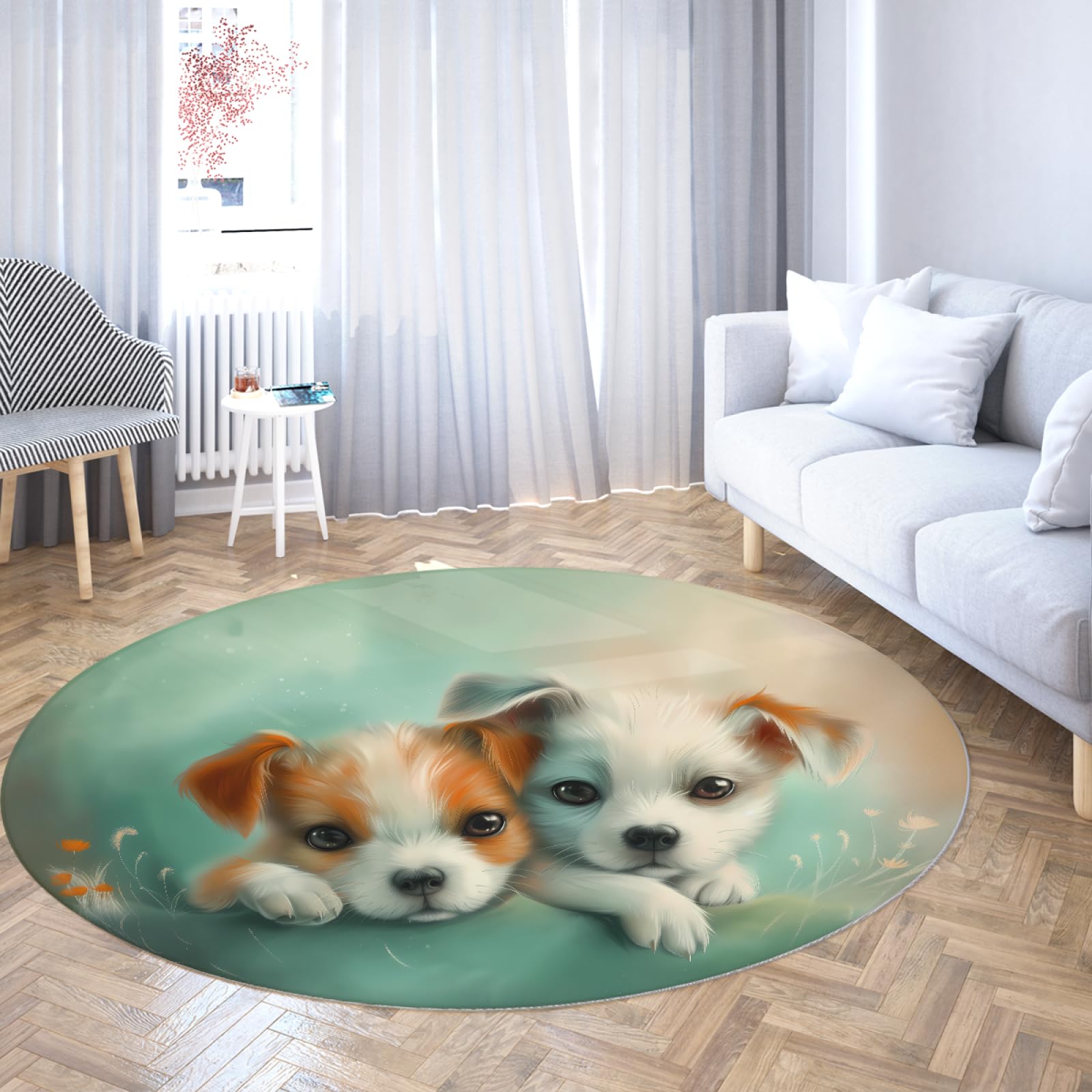 Tapis ronds chien mignon lavable de 140cm pour le salon
