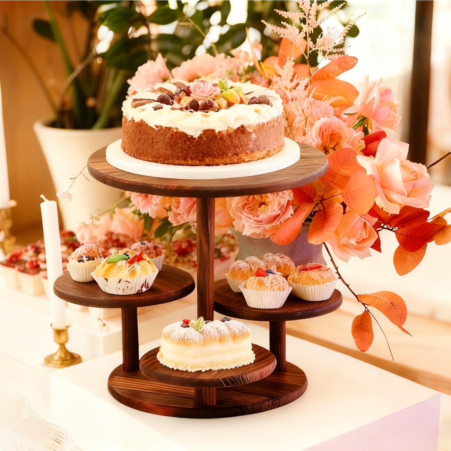 Supporto per torte e cupcake a 4 ripiani, in legno, per dolci, dolci, ciambelle, per matrimoni, compleanni, feste a tema, decorazioni natalizie