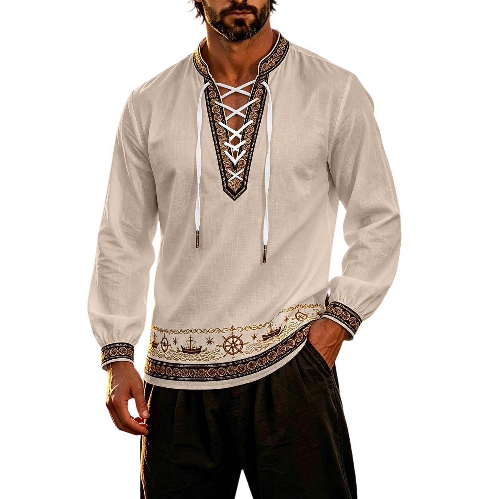 Classic Themed Men's Long Sleeve Shirt for Adventure Nautical Style Top with for Everyday Wear and Cosplay (i-Khaki, XXXL) โ image 1