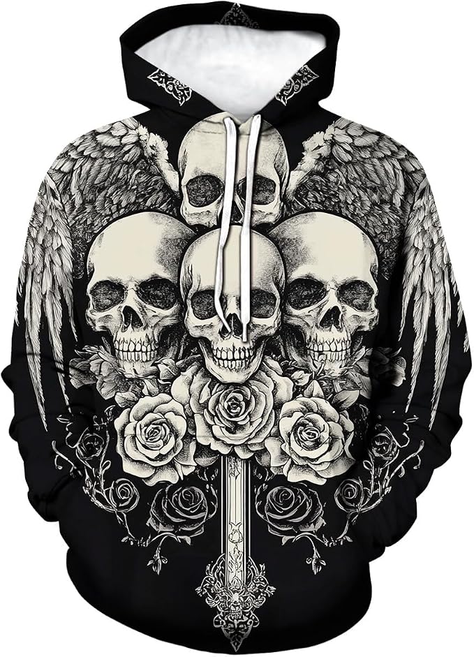 Men's Psychedelic Skull Floral Hoodies Skeleton Kingdom Hoody Sweatshirt Pockets Pullover