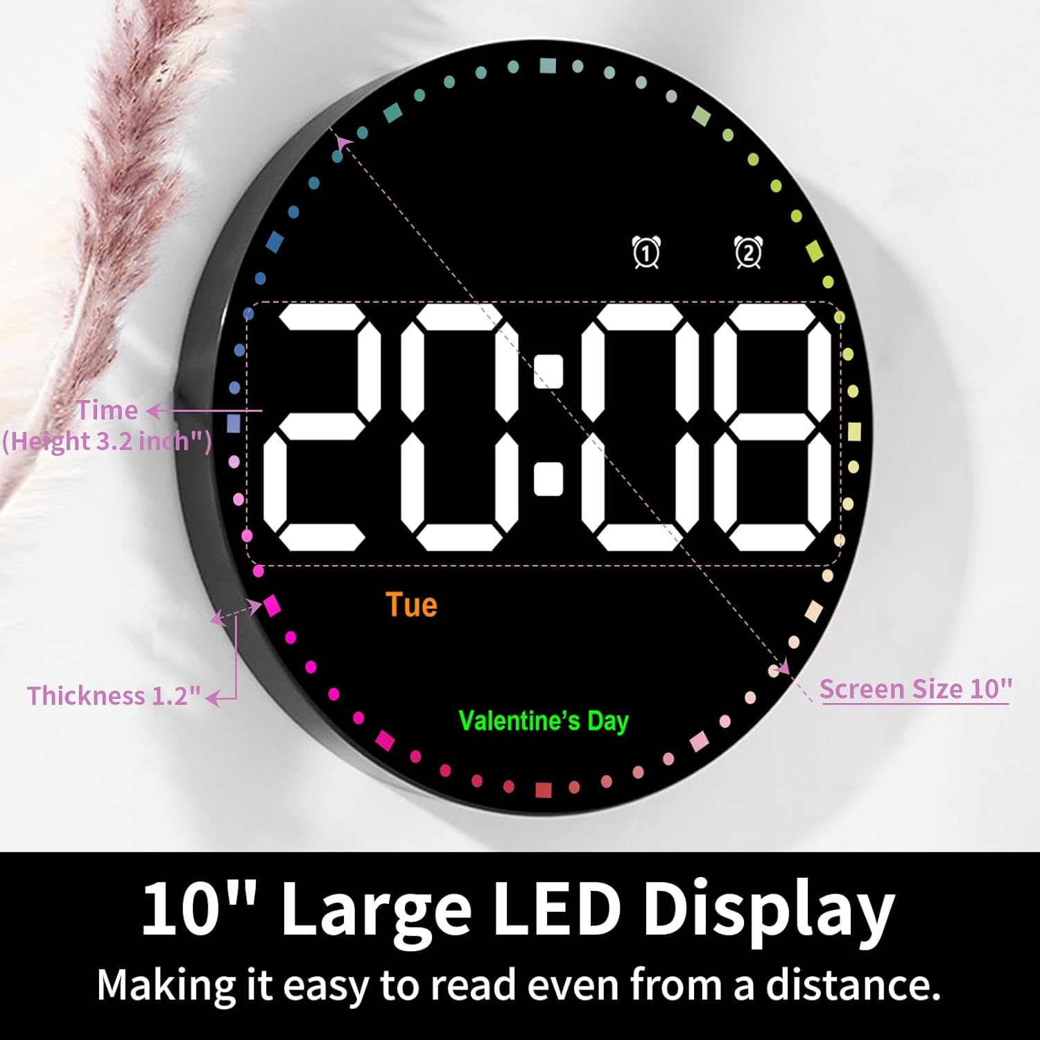 Digital Wall Clock with Remote Control, 10" Wall Clock with Large Display, LED Digital Clock for Classroom, Office, Auto-Dimming with Coloured Second Hand, Festive Tips, DST, Temperature, Wall decor