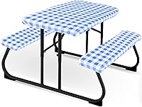 Vista 9 de Moukeren Funda de mesa de picnic de 3 piezas para niños con fundas de banco, mantel ajustable para exteriores, vinilo impermeable, para camping