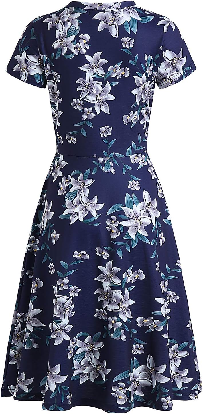 Women's Elegant Knee Length Dresses Vintage Summer Office Casual Floral Print Work Party A-Line Swing Dress with Pockets 162
