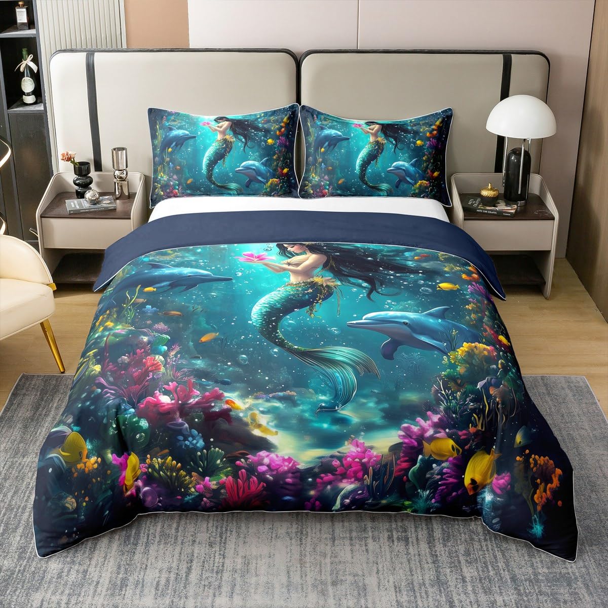 Castle Fairy Mermaid Duvet Cover Queen Size for Kids Boys Teens,Underwater World 3 Pieces Duvet Cover,Ocean Dolphin Sealife Comforter Cover (Not Comforter),Colorful Seaweed Coral Quilt Cover