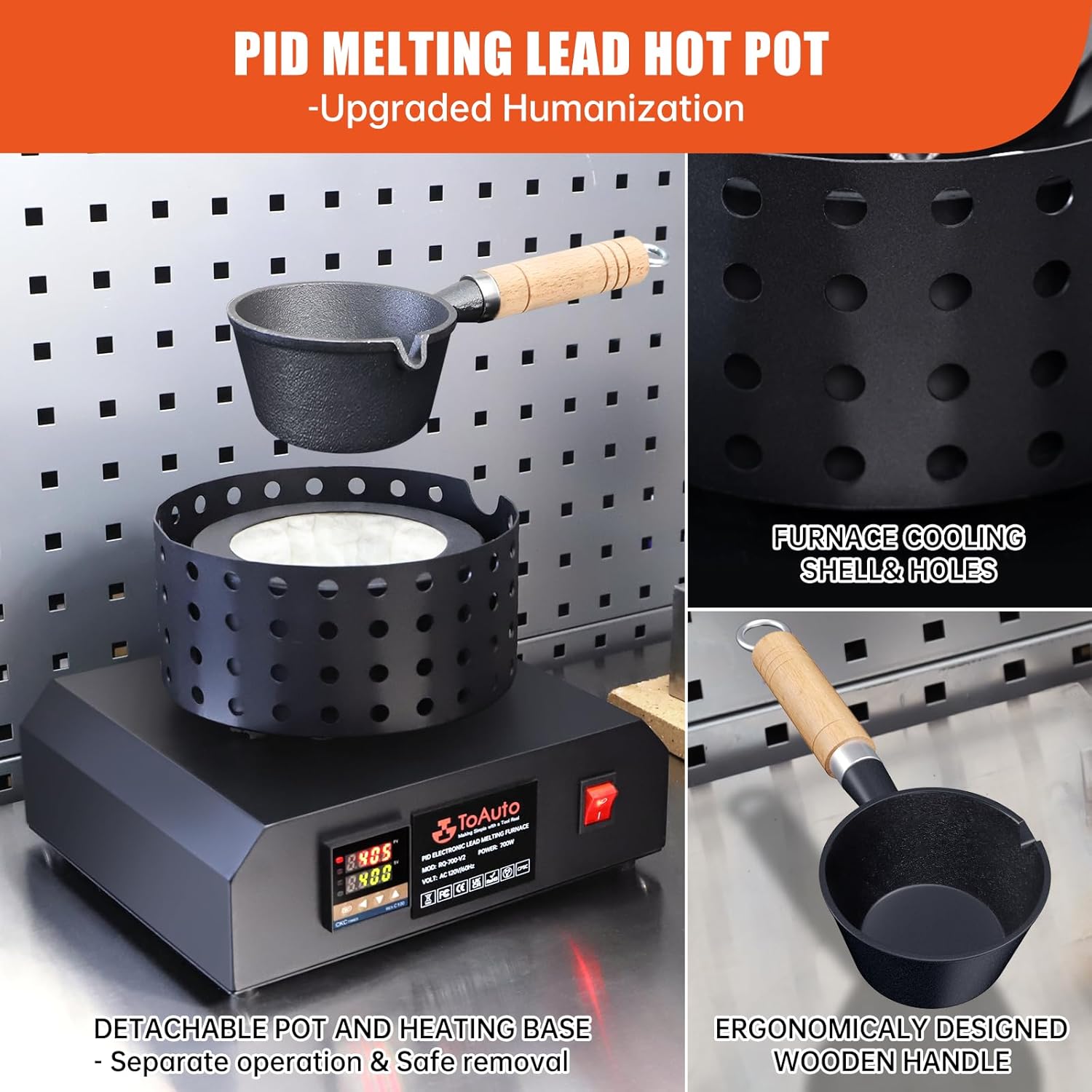 TOAUTO Electric Digital Temp Display Lead Melting Pot,PID Temp Control High Capacity 6Lbs Melting Pot,Pot Separated from Stainless Steel Base,Melting Pot for Fishing Weight Molds Bullet Casting Mold