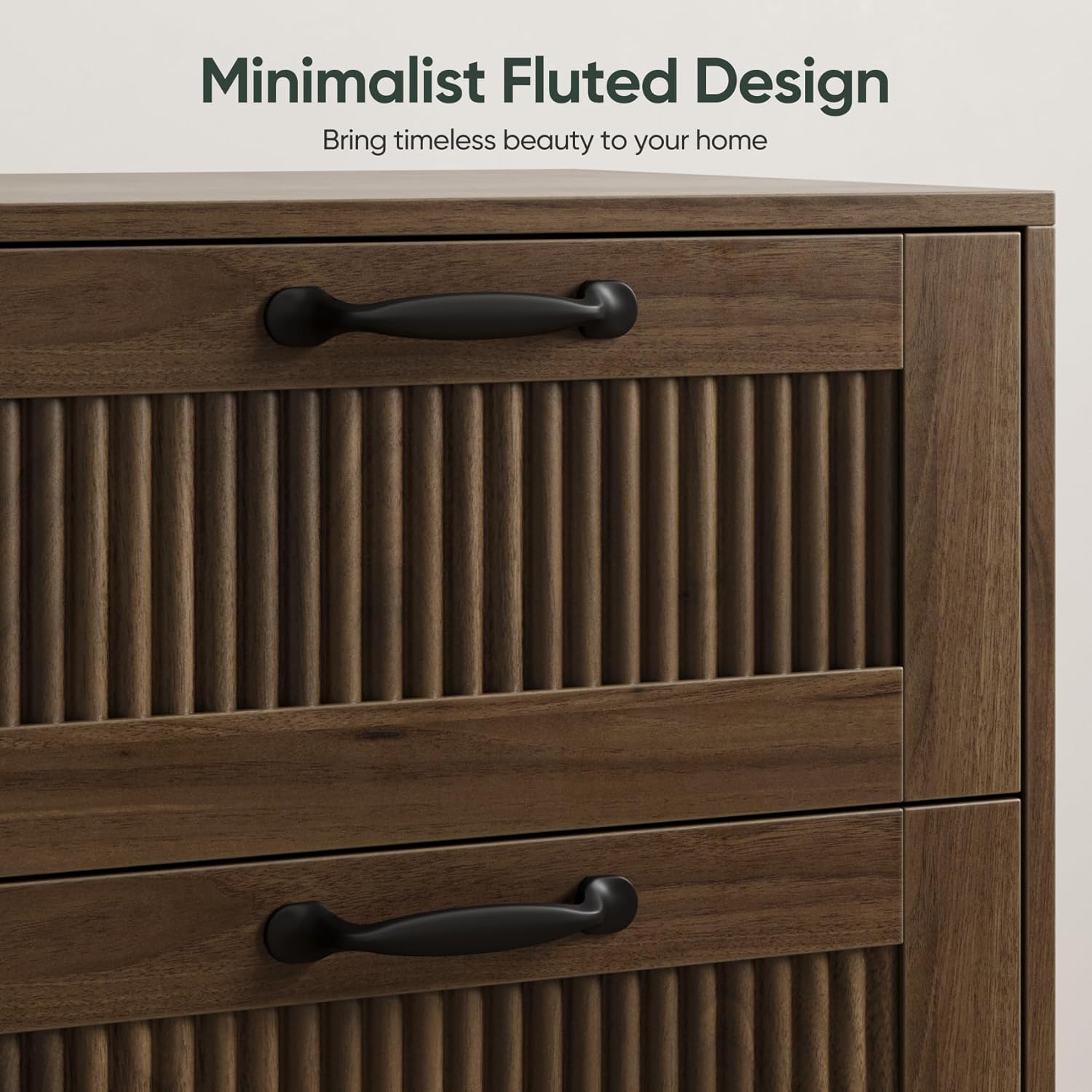 Fluted Nightstand with 2 Drawers, Bedside Table with Solid Wood Legs, Mid-Century Modern End Table for Bedroom, Home Office, Walnut