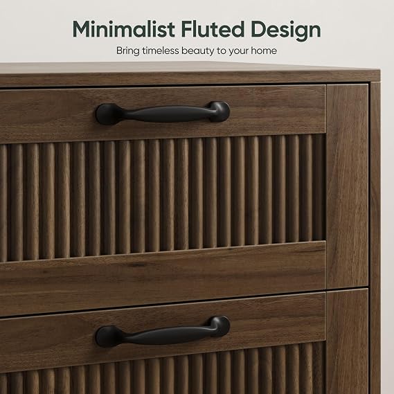 Smart FENDEE Fluted Nightstand with 2 Drawers, Bedside Table with Solid Wood Legs, Mid-Century Modern End Table for Bedroom, Home Office, Walnut