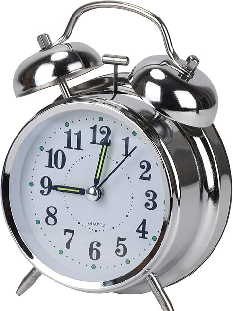 BALLSHOP Retro Alarm Clock with Non Ticking Twin Bell Retro Alarm Clock Old Fashioned Bedside Alarm Clock Vintage Battery Operated Analogue Quartz Loud Alarm Clock for Bedroom with Night Light Silver