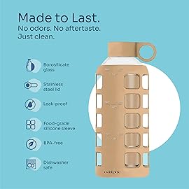 purifyou 40oz / 32oz / 22oz / 12oz Borosilicate Glass Water Bottle with Time & Volume Markers, Silicone Sleeve, Stainless Steel Lid | Reusable Glass Bottle for Water & Juice (22oz Iced Coffee)